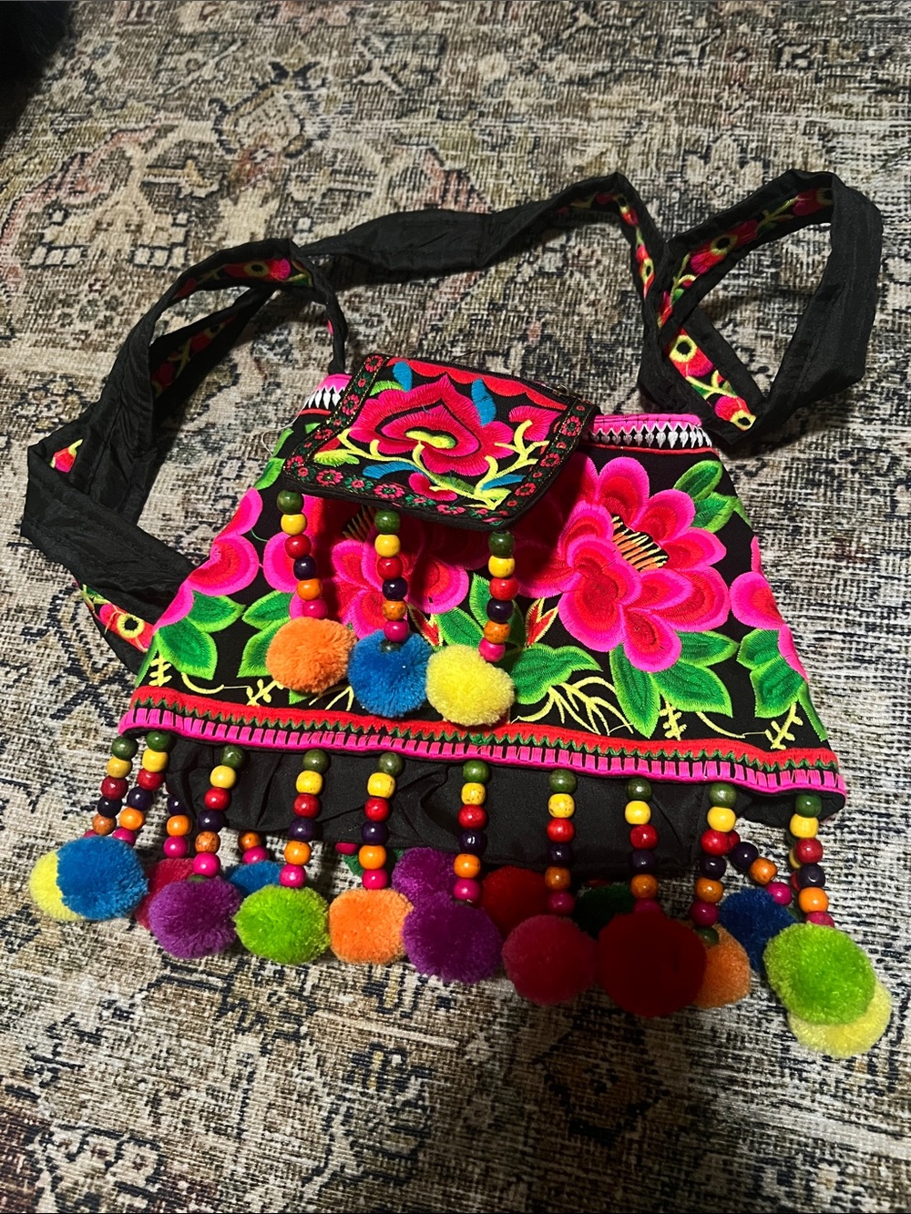 Boho Pom-Pom Crossbody Bag - Multicolor Floral